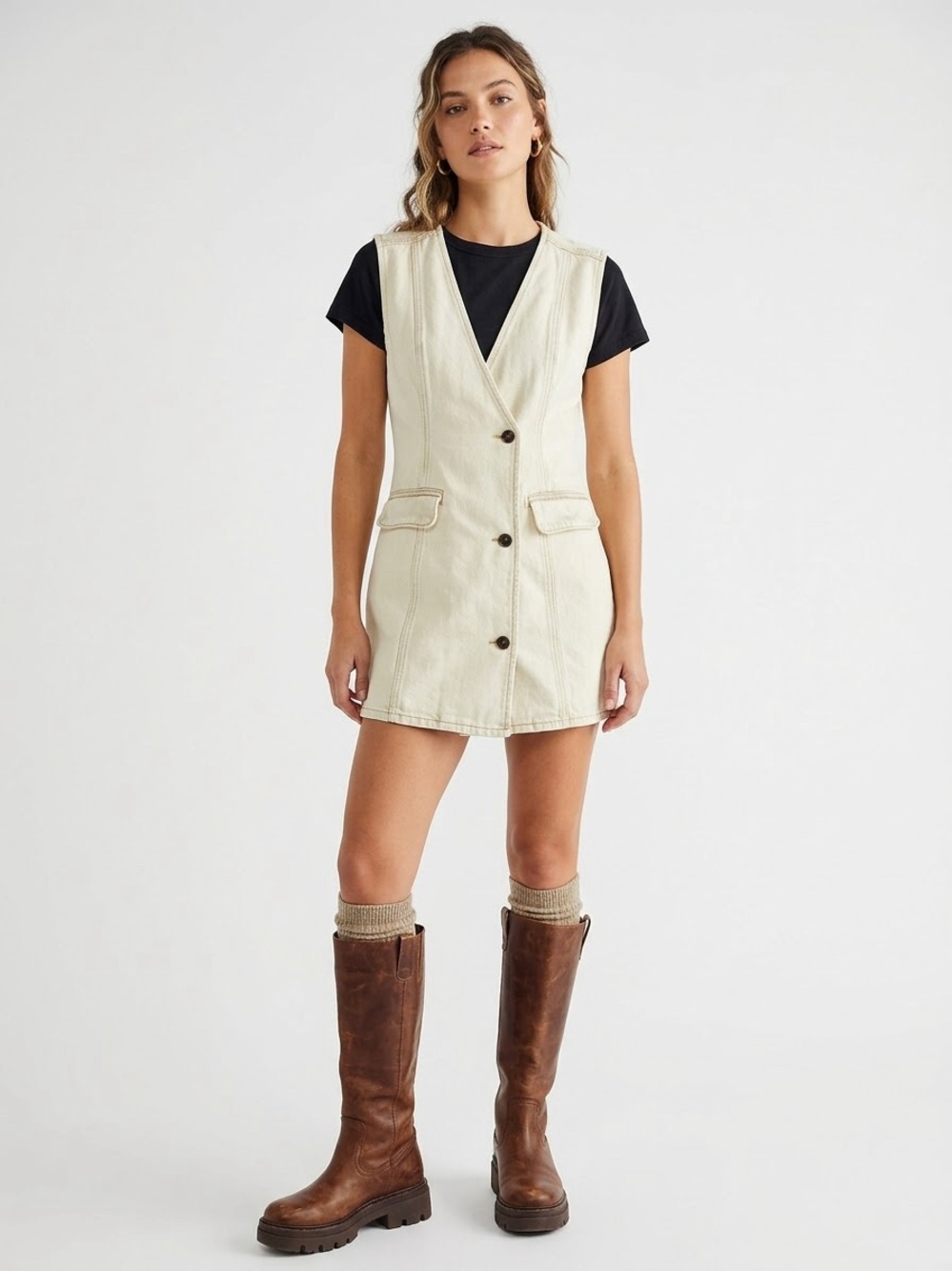 PrettyLittleThing Cream Denim Vest Mini Dress | Size US 6 (UK 10)